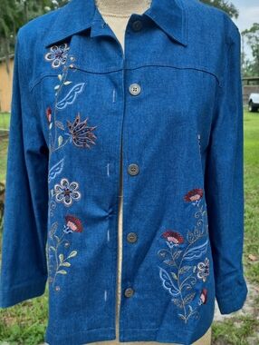 Alfred Dunner 12 Petite Embroidered Embellisment Button Up Jacket Cotton Blue